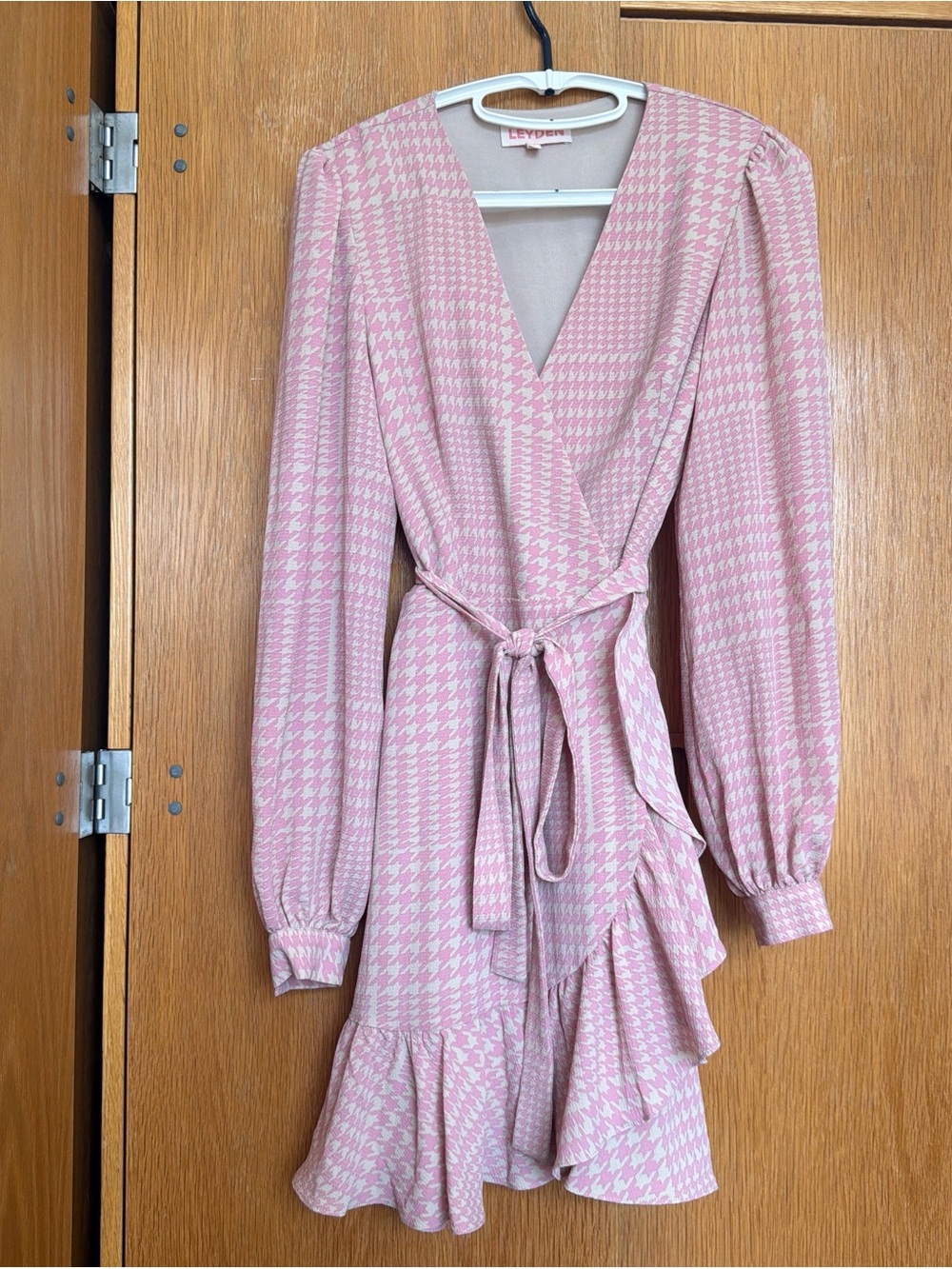 Leyden Pink Houndstooth Long-Sleeve Wrap Dress